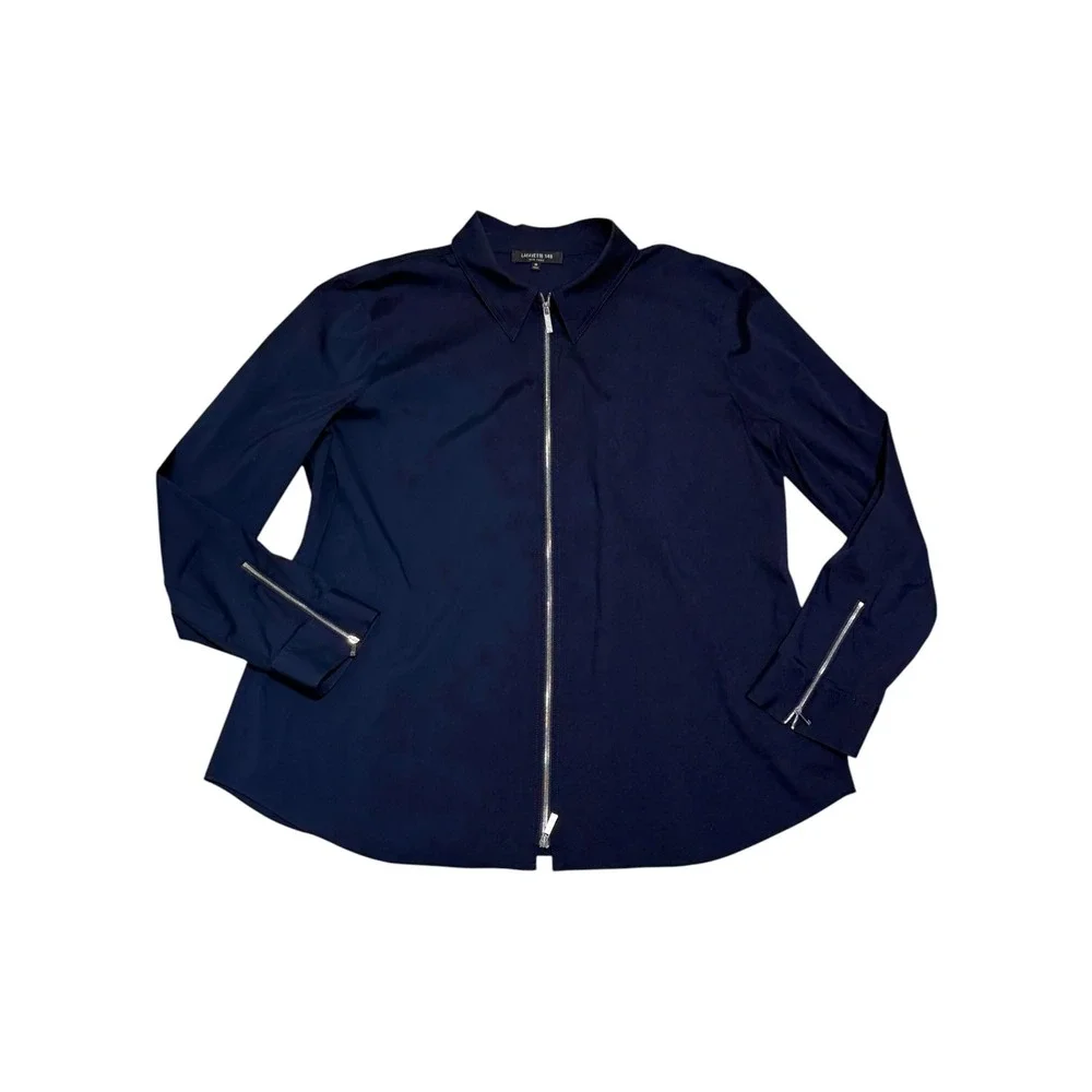 Lafayette 148 New York Zip Front Blouse Sz 16 Navy Stretch Cotton Collared Top - Picture 9 of 14